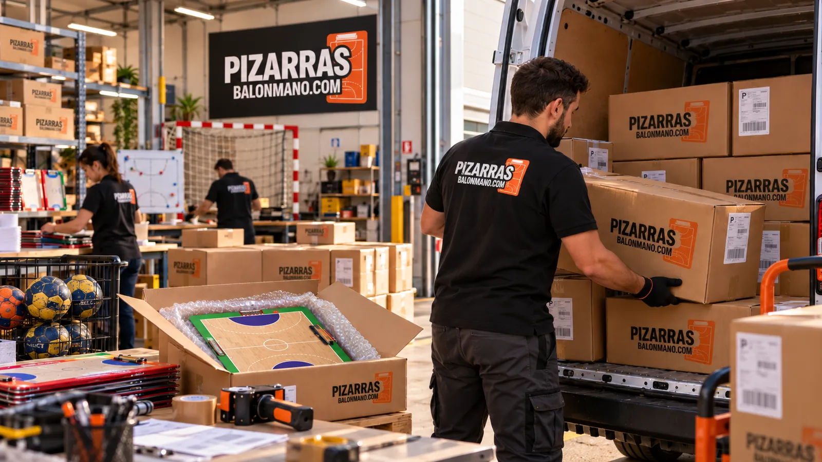 Entrepôt de tableaux tactiques de handball et chargement des cartons pour l'expédition