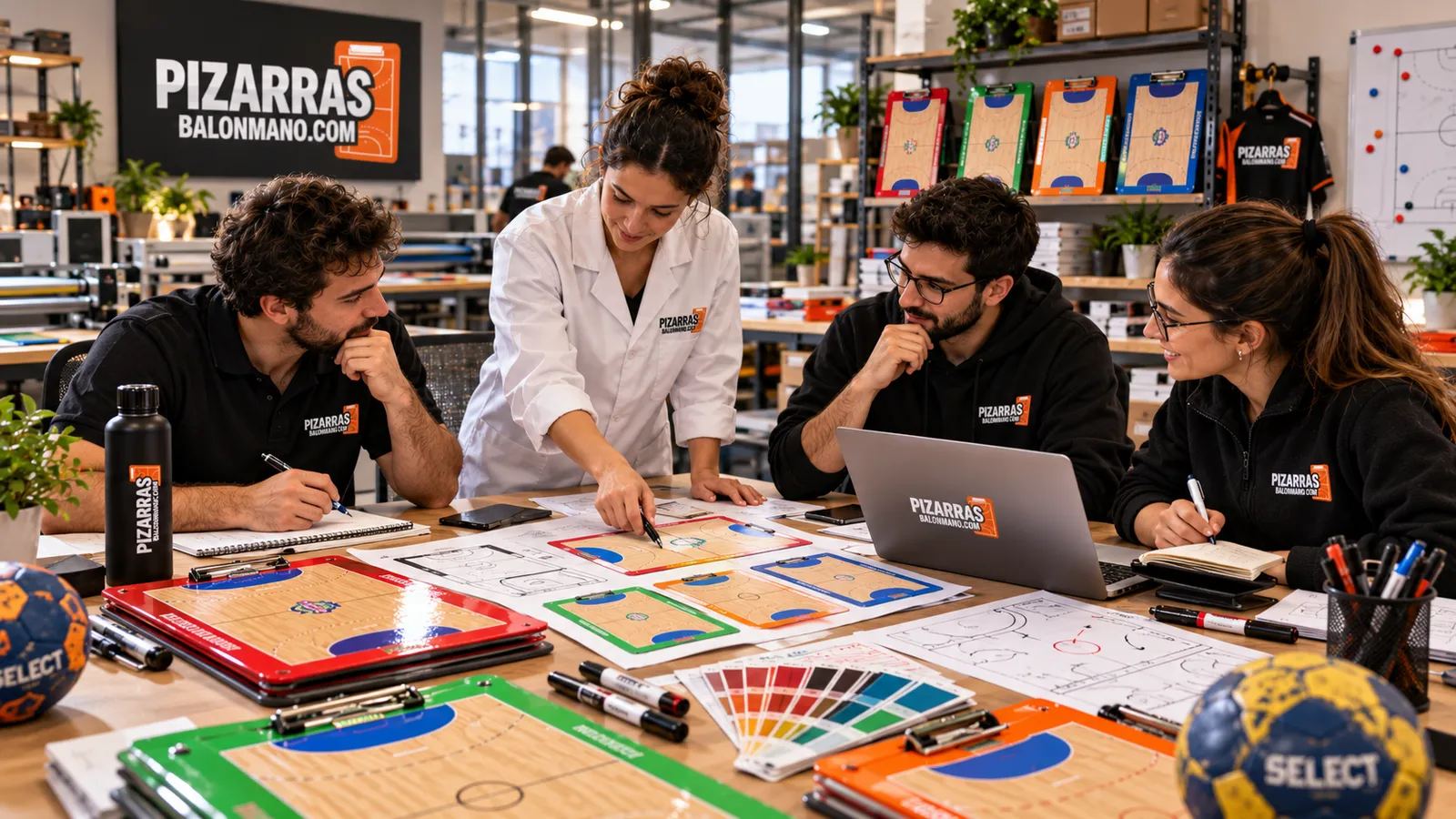 Réunion de conception avec des tableaux de handball et des nuanciers sur la table