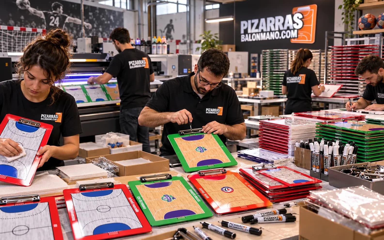 L'équipe de l'atelier contrôle des tableaux de handball terminés