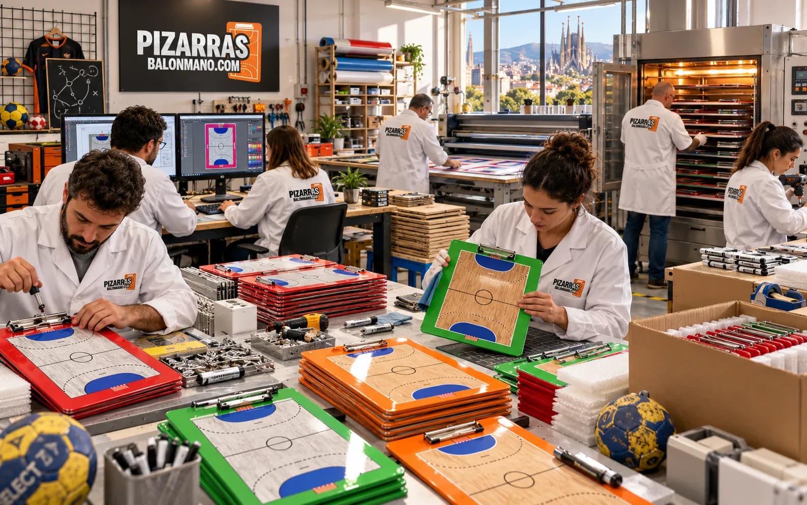 Atelier de tableaux tactiques de handball, avec des tableaux colorés sur les tables