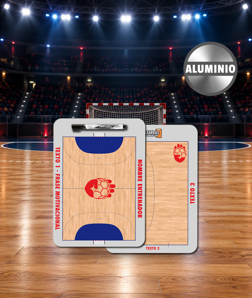Plaquette tactique de handball Casual Aluminium, recto et verso, sur le terrain d'une salle de sport