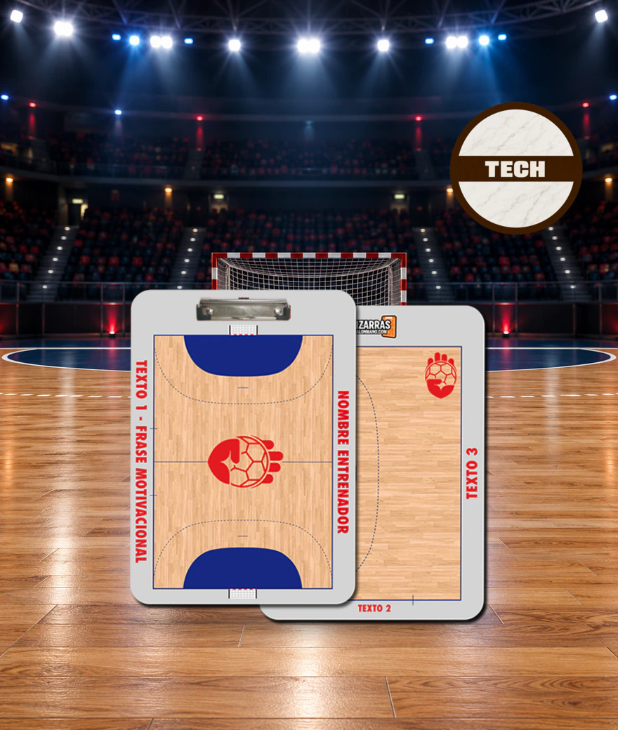 Plaquette tactique de handball Casual Tech, recto et verso, sur le terrain d'une salle de sport