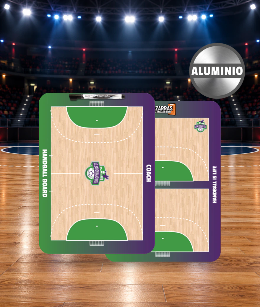 Plaquette tactique de handball MatchDay, recto et verso, sur le terrain d'une salle de sport