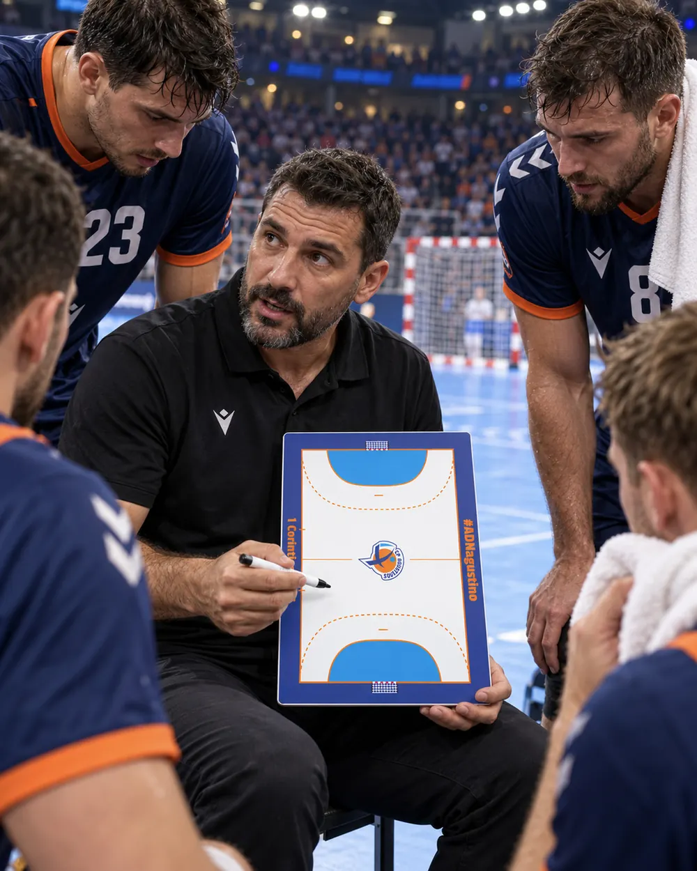 Un entraîneur de handball montre une action sur la plaquette pendant l’entraînement