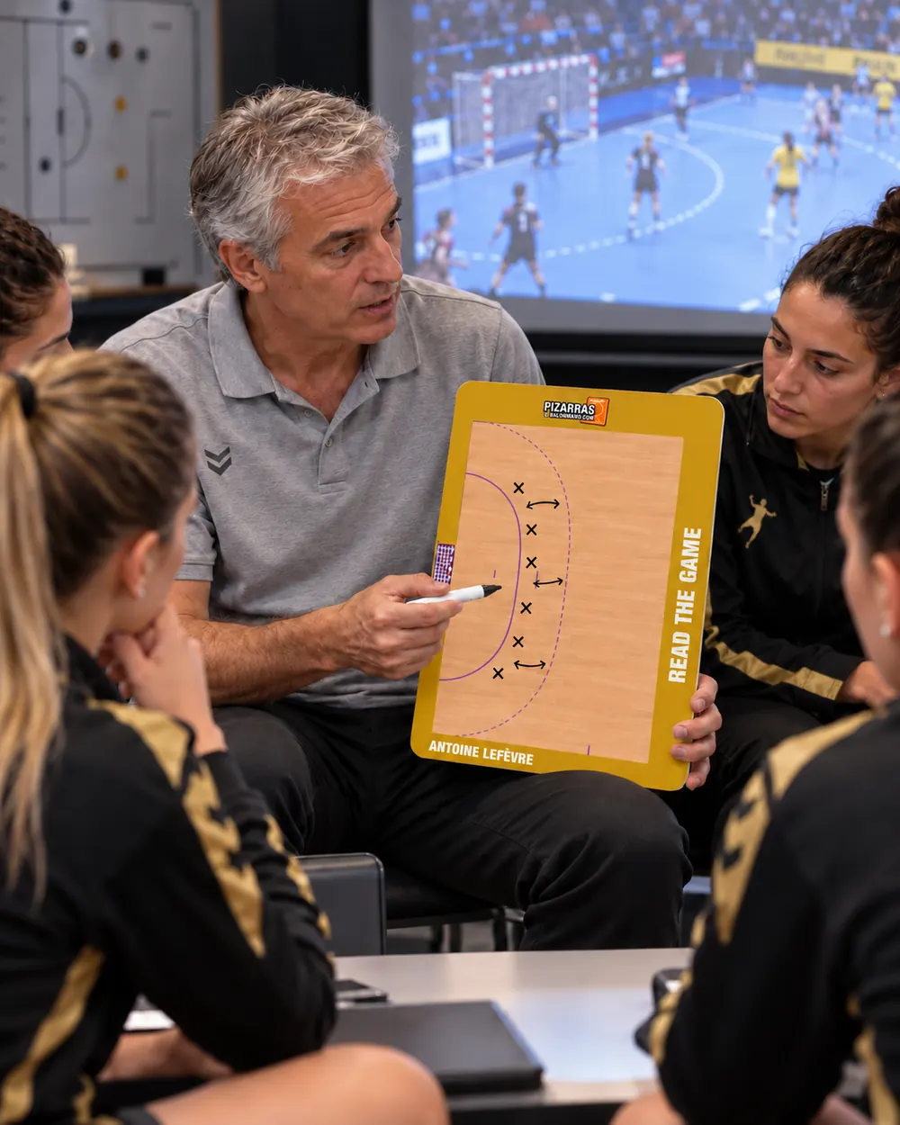 Un entraîneur de handball explique une action sur la plaquette à ses joueuses devant l’écran vidéo