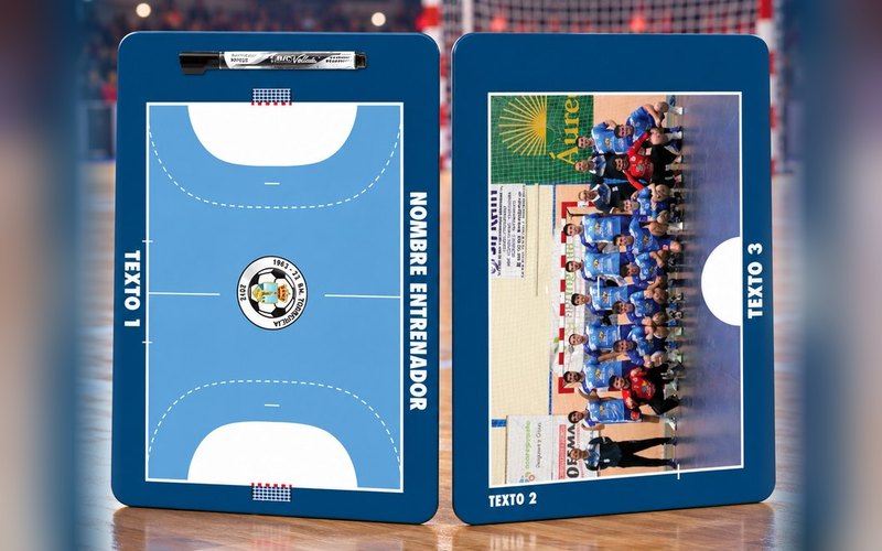 Exemple de Plaquette Cadeau de handball : le terrain devant et la photo de l'équipe derrière